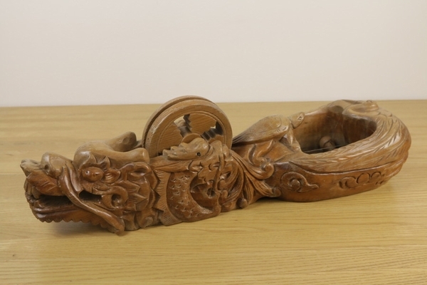 木彫り 墨壺 鶴亀龍彫刻 木製