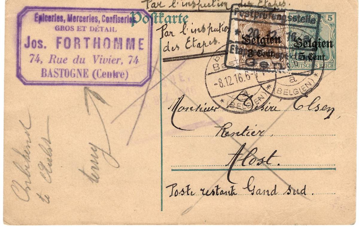 第１次大戦　ドイツ占領ベルギー切手貼葉書　1916　バストーニュ　ガン到着後差出人返送_画像1