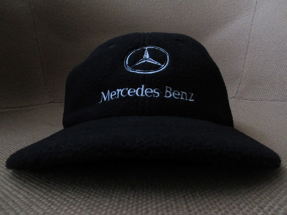 90's Mercedes Benz ベンツ マーク 刺繍 フリース キャップ 黒 ブラック メルセデス ロゴCAPドイツDaimler AG ダイムラー 自動車 企業 帽子_ベンツマーク刺繍・フリース・キャップ