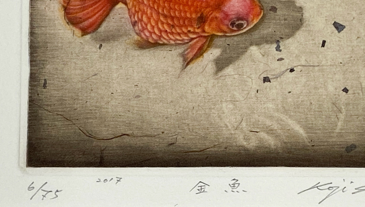  raw rice field ..[ goldfish ] copperplate engraving color mezzo chin to frame fish ....