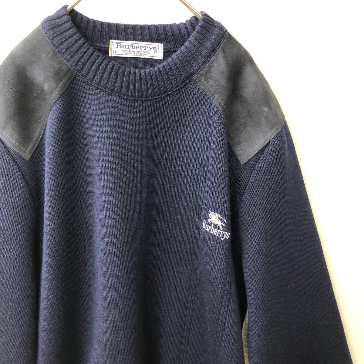 英国製 バーバリーズ　90s ヴィンテージ 革あて布付きセーター ニット Ｌ 紺