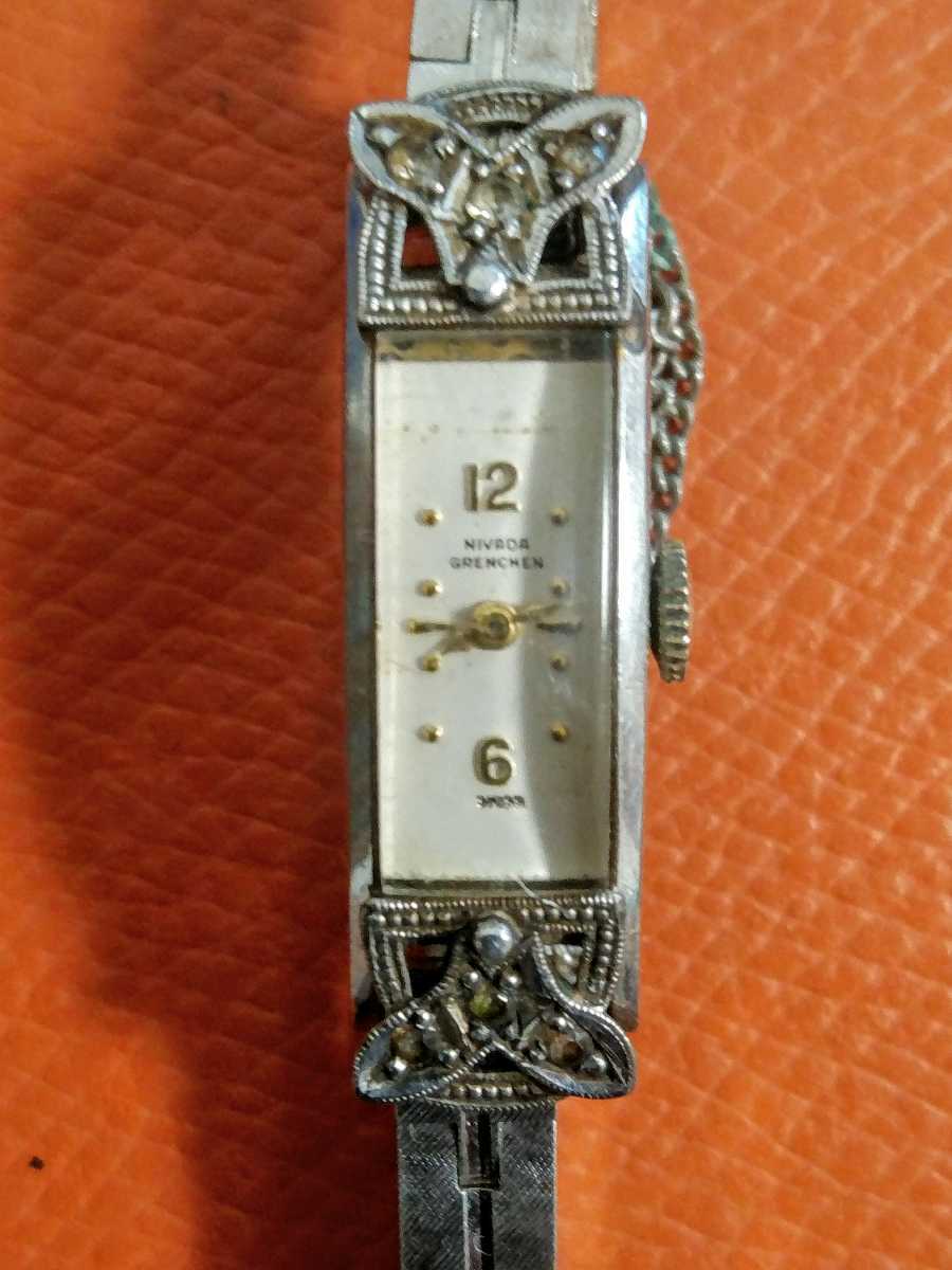 アンティーク Nivada ＧRENCHEN ニバダ レディース　14ＫWG 石付　　手巻腕時計