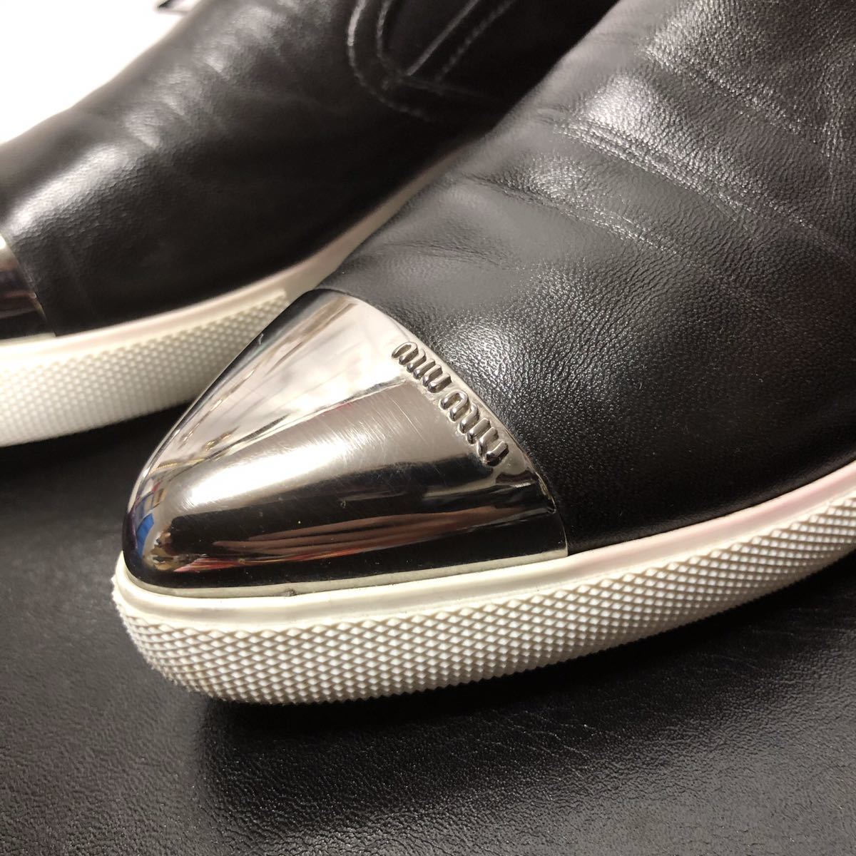  beautiful goods miu miu MiuMiu leather × metal fittings slip-on shoes shoes 