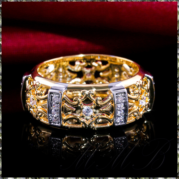 [RING] Yellow & White Gold Ethnic Strength ハイクオリティ エスニック 彫刻 クリスタルCZ イエロー & ホワイトゴールド リング 11号 _画像4