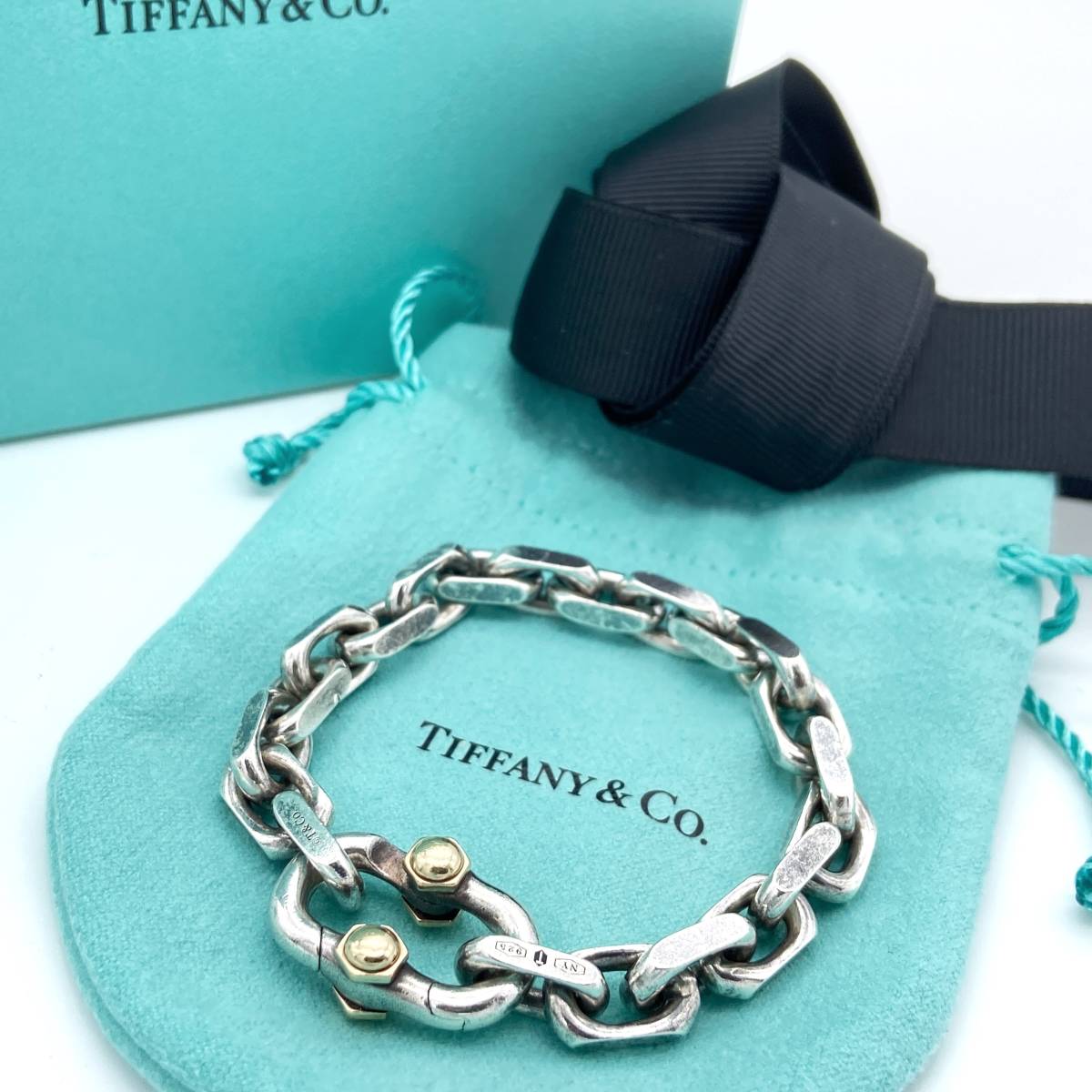 美品 Tiffany&Co. ティファニー 1837 メイカーズ ヘリテージ エディショ ワイド チェーン 限定モデル ブレスレット シルバー×18K KK28_画像1