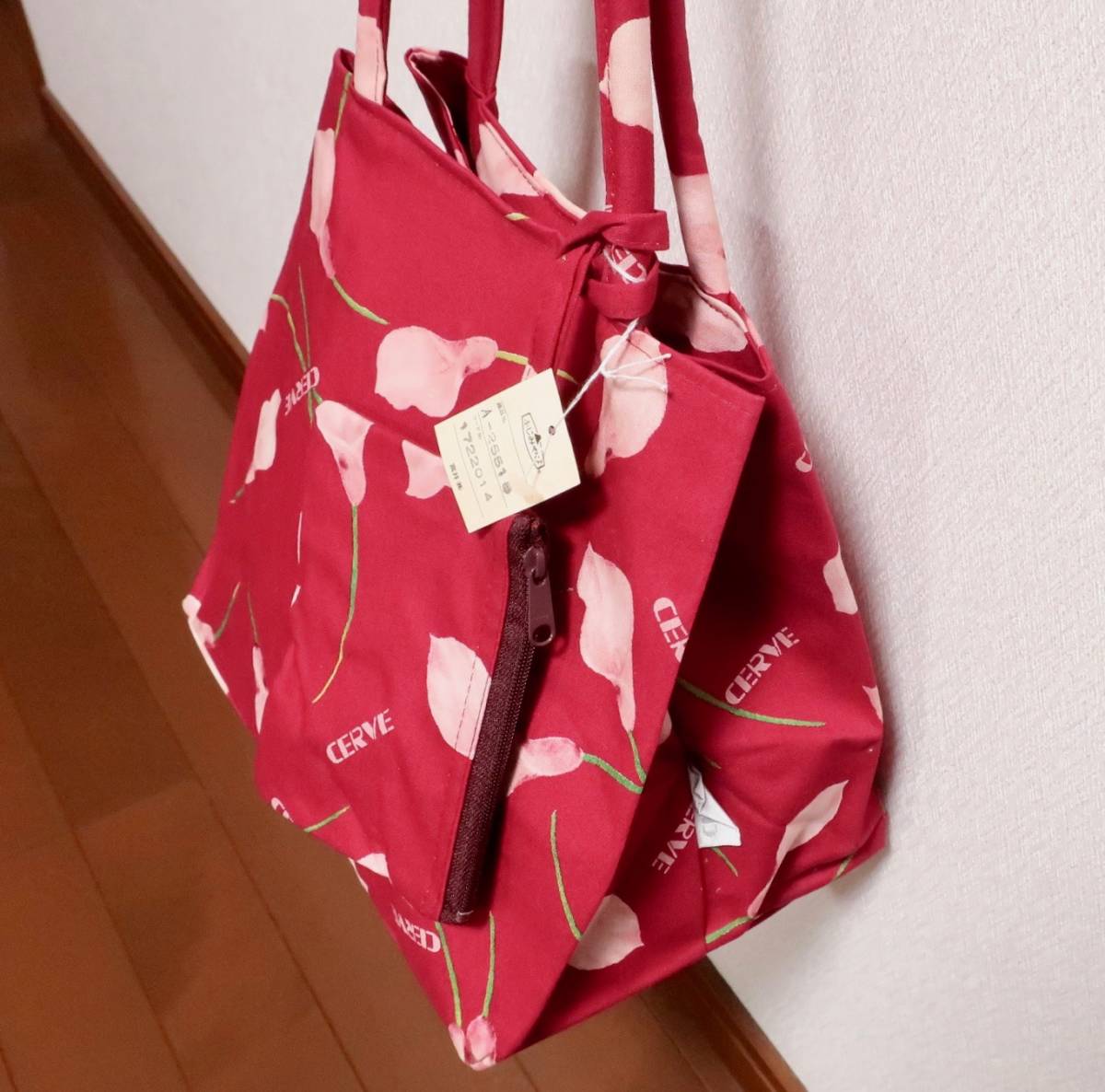 CERVE/宮井《和風手提げバッグ》底幅広・濃ピンク色　ミニポーチ付き_画像3