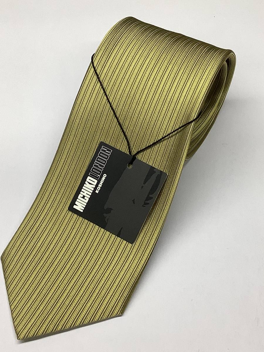 新品ミチコロンドン日本製ネクタイ　深いゴールド色　タテストライプ無地柄　シルク100%お買い得サービス_画像1