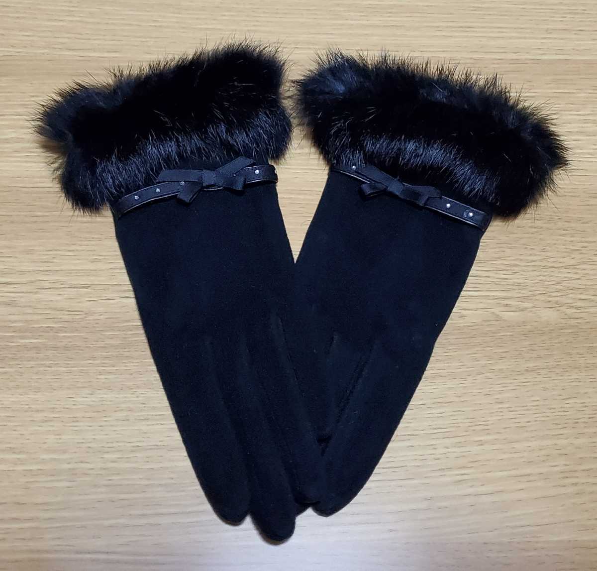 ef-de ef-de gloves black black ribbon fur 21~22cm new goods 