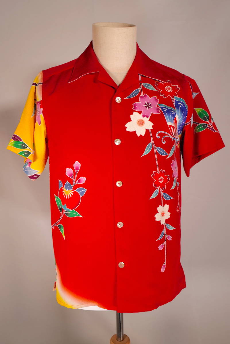 最先端 アロハ メンズ シャツ リメイク　hoihoikeiki 着物 和柄 シルク ハンドメイド 紅型のアロハ 正絹 M 男性用