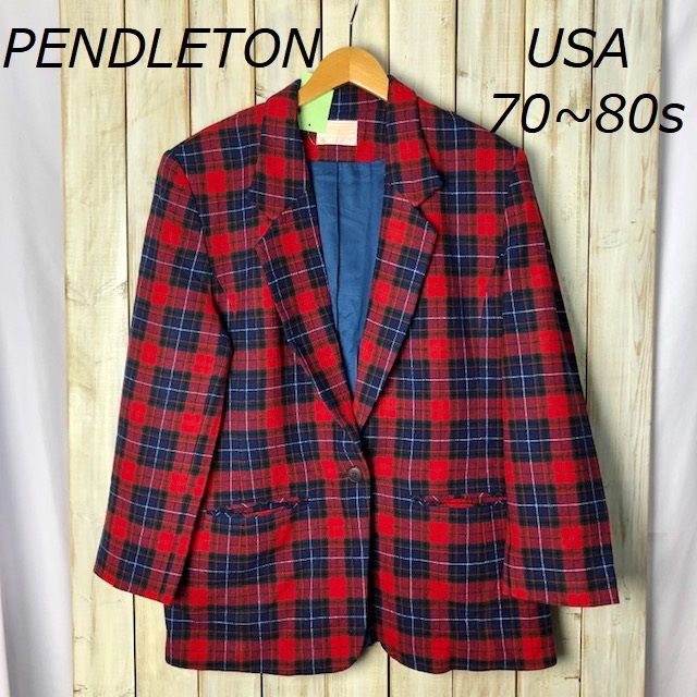 米買付 70's USA製 PENDLETON ペンドルトン チェック 1B ウールジャケット 12 オールド ヴィンテージ アメリカ古着 ユニセックス 赤 ●7_画像1