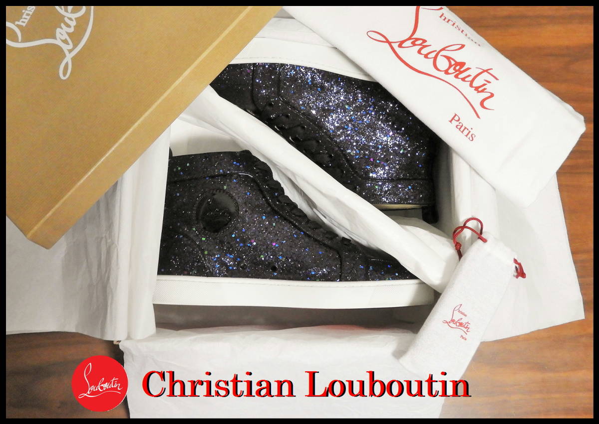 激レア Christian Louboutin グリッター ラメ クリスチャンルブタン 黒 ハイカット スニーカー 41 スパイク スタッズ メンズ 付属品付き