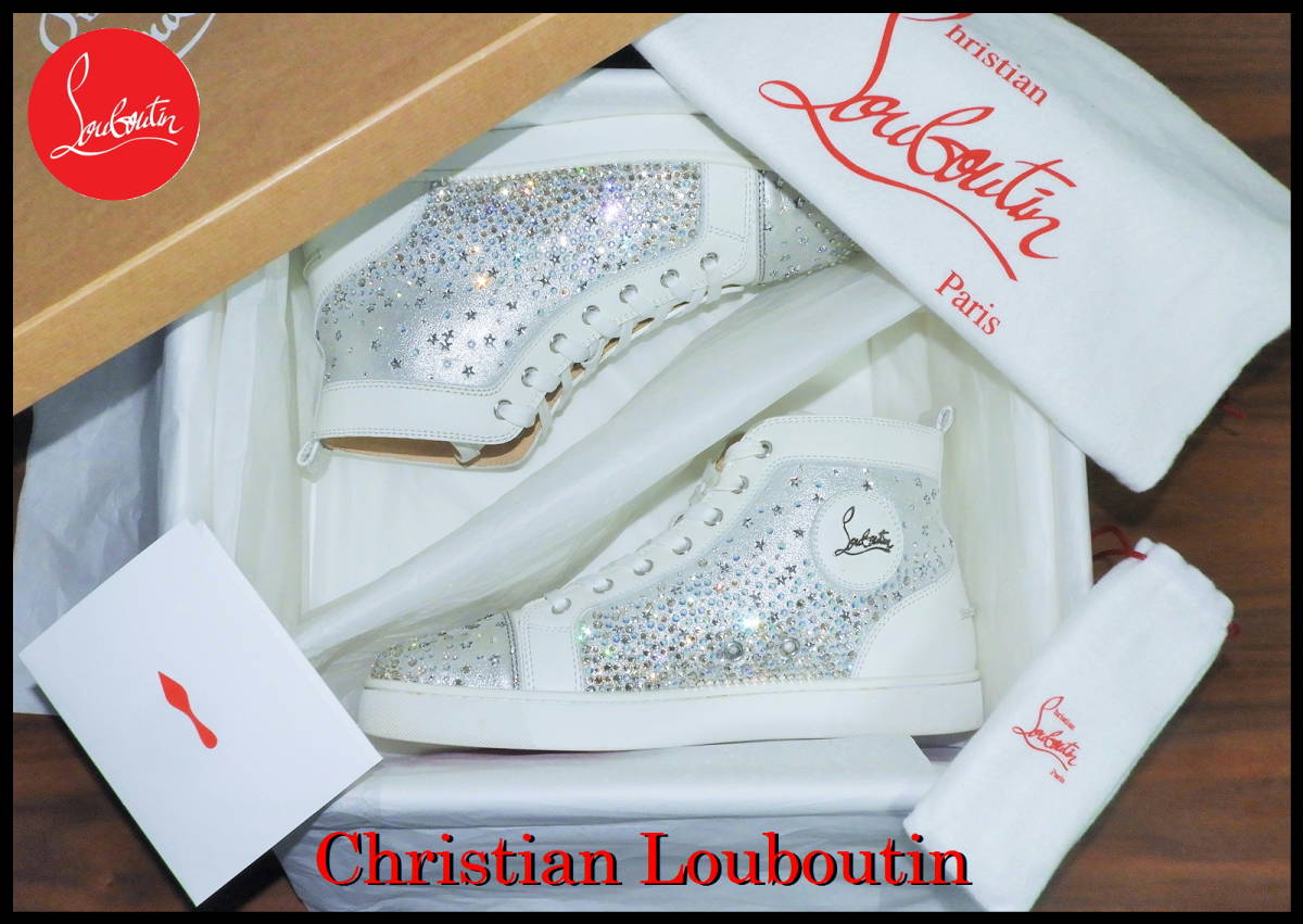 激レア Christian Louboutin スタースワロフスキー 白 レザー ハイカット スニーカー メンズ 41 クリスチャンルブタン スパイク スタッズ_画像2