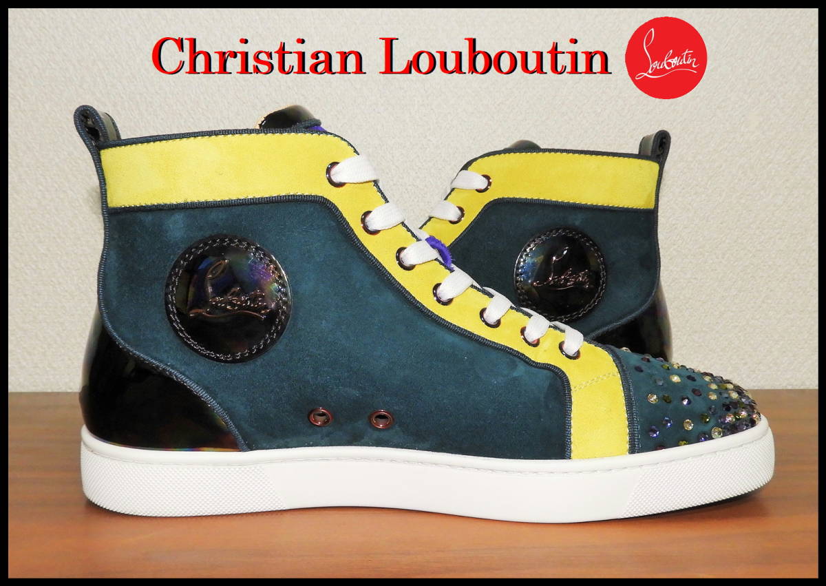 激安Christian Louboutin クレイジーストラス 正規品 マルチカラー スワロ レインボー メンズ 41 緑 黄 青 ベロア クリスチャンルブタン 靴_画像3