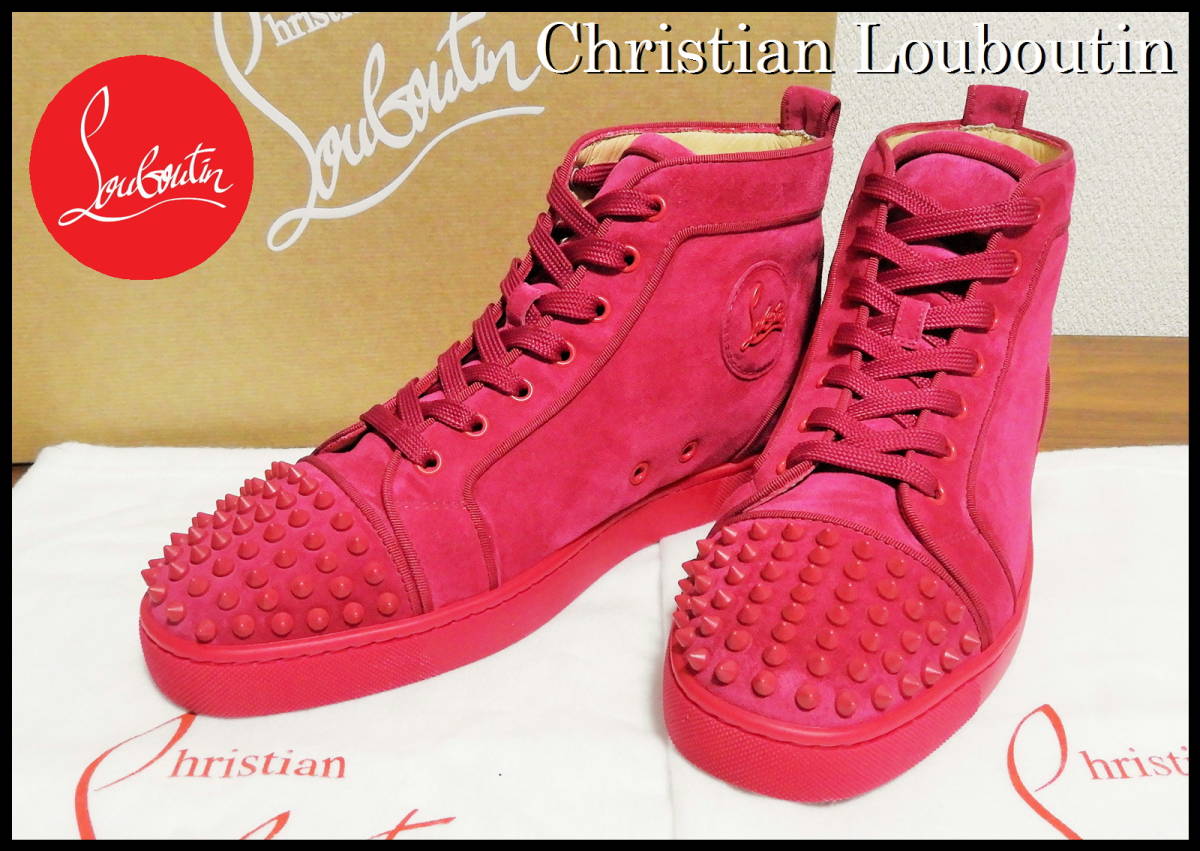 Christian Louboutin ルイススパイク メンズ 42 ピンク ハイカット スニーカー スタッズ 正規品 クリスチャンルブタン 美品 ベロア 靴 41