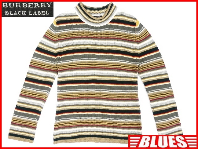 即決★BURBERRY BLACK LABEL★メンズL 廃版 ニットセーター バーバリーブラックレーベル 3 ボーダー カシミヤ シフル 三陽商会 ナイト刺繍