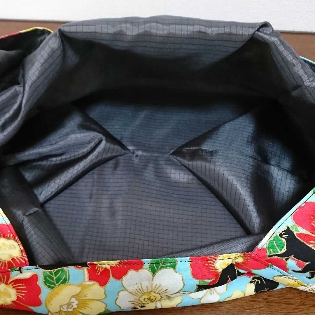 コンビニ用 レジ袋型 ハンドメイド エコバッグ【くろねこ/花】