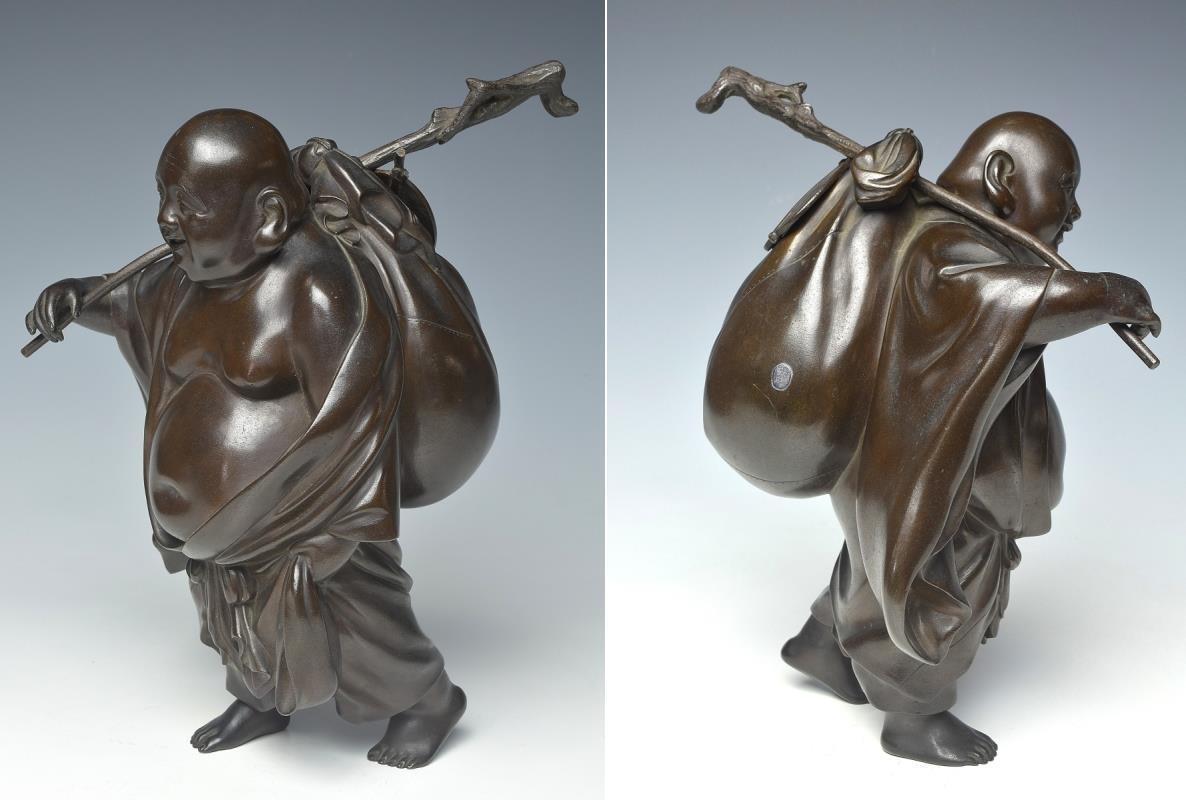 【趣楽】 日本美術 大正時代 銅器歩き布袋像 銀象嵌在銘 高さ２３ｃｍ 重量約３ｋｇ B126１の画像4