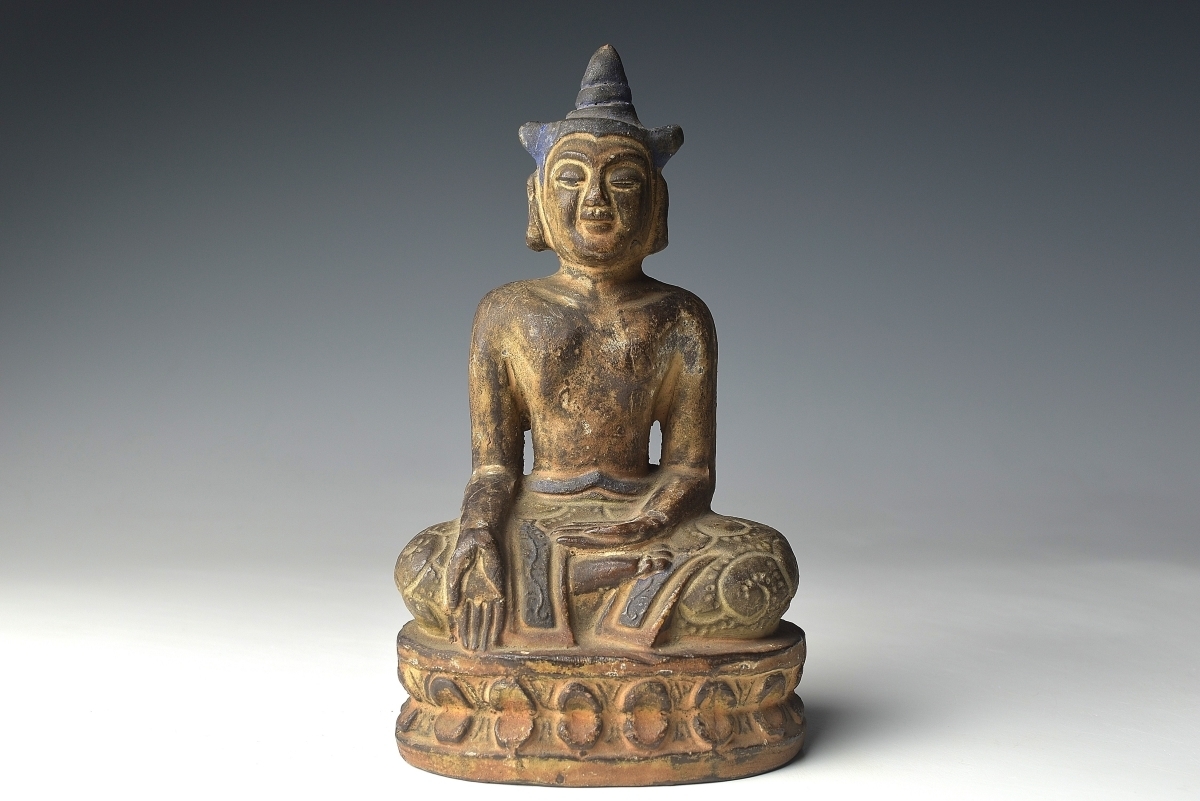 【趣楽】 中国古玩　陶器彩色仏像　高さ１６ｃｍ　明～清時代　Y1221_画像9