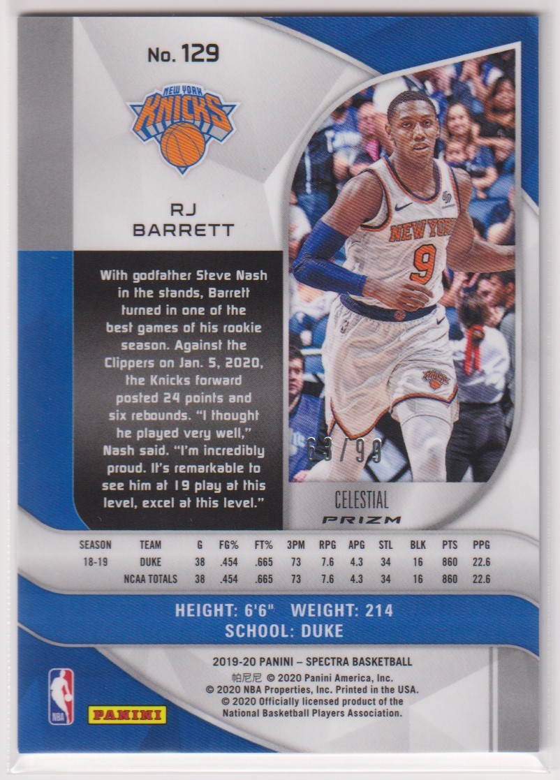 NBA RJ BARRETT 2019-20 PANINI SPECTRA CELESTIAL PRIZM BASKETBALL ROOKIE CARD REFRACTOR KNICKS /99 枚限定 R J バレット リフラクター_画像2