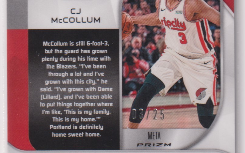 NBA CJ McCOLLUM 2019-20 PANINI SPECTRA META PRIZM BASKETBALL REFRACTOR Jersey No. 03 / 25 枚限定 C J マッカラム リフラクターカード_画像3
