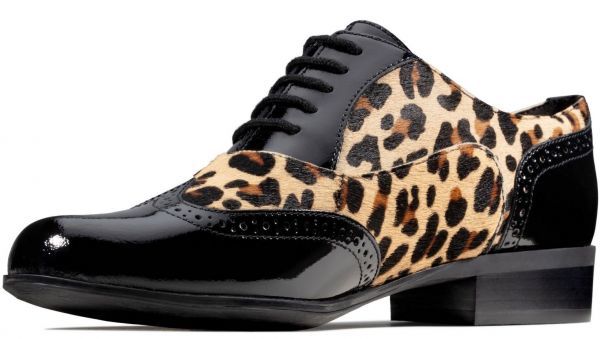  free shipping Clarks 25.5cm race up Leopard leather black fur Loafer Flat office formal boots ballet R104