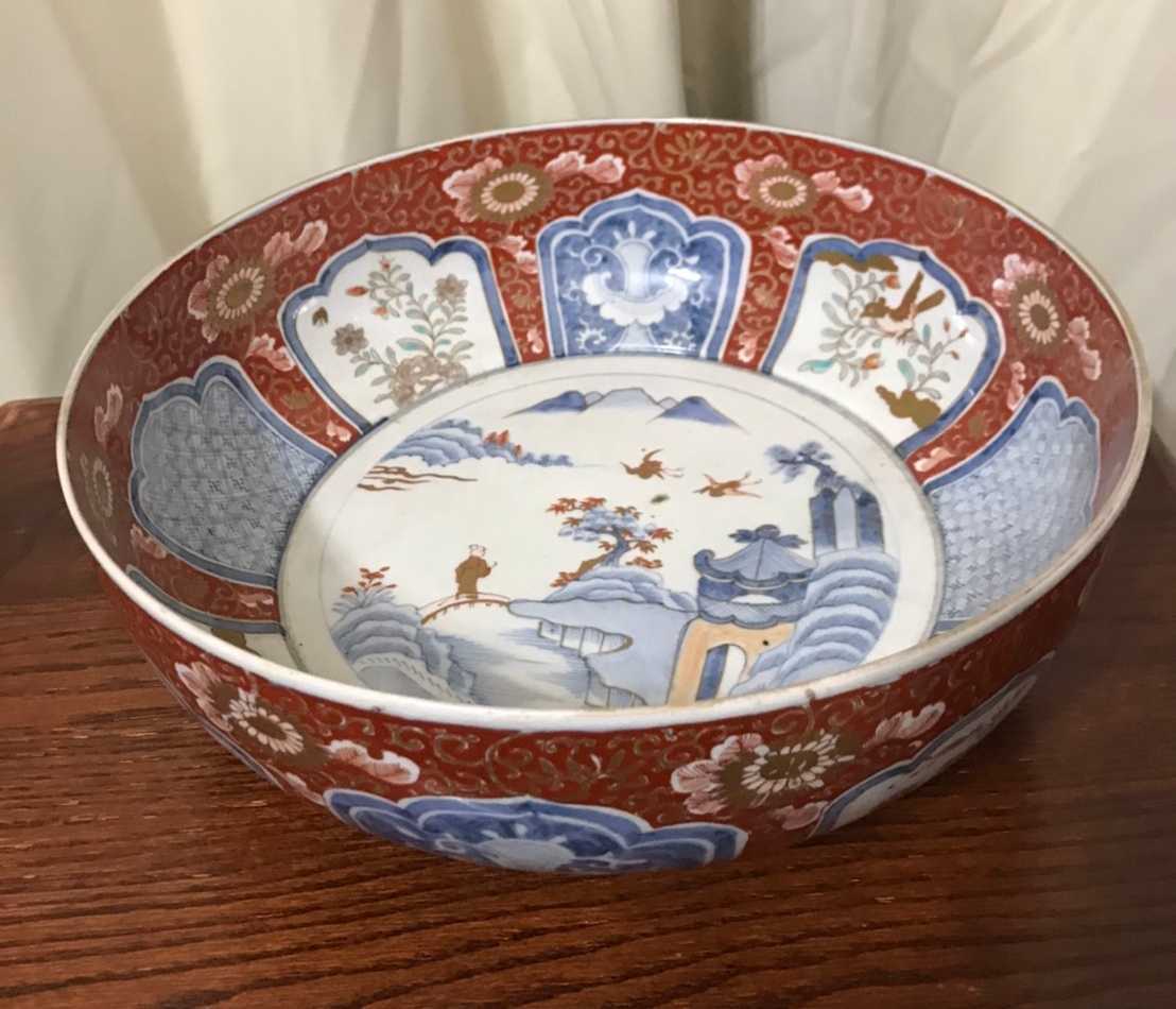 【陶磁器】伊万里焼赤絵大鉢 山水文 芙蓉手 花鳥文 骨董品 アンティーク_画像1