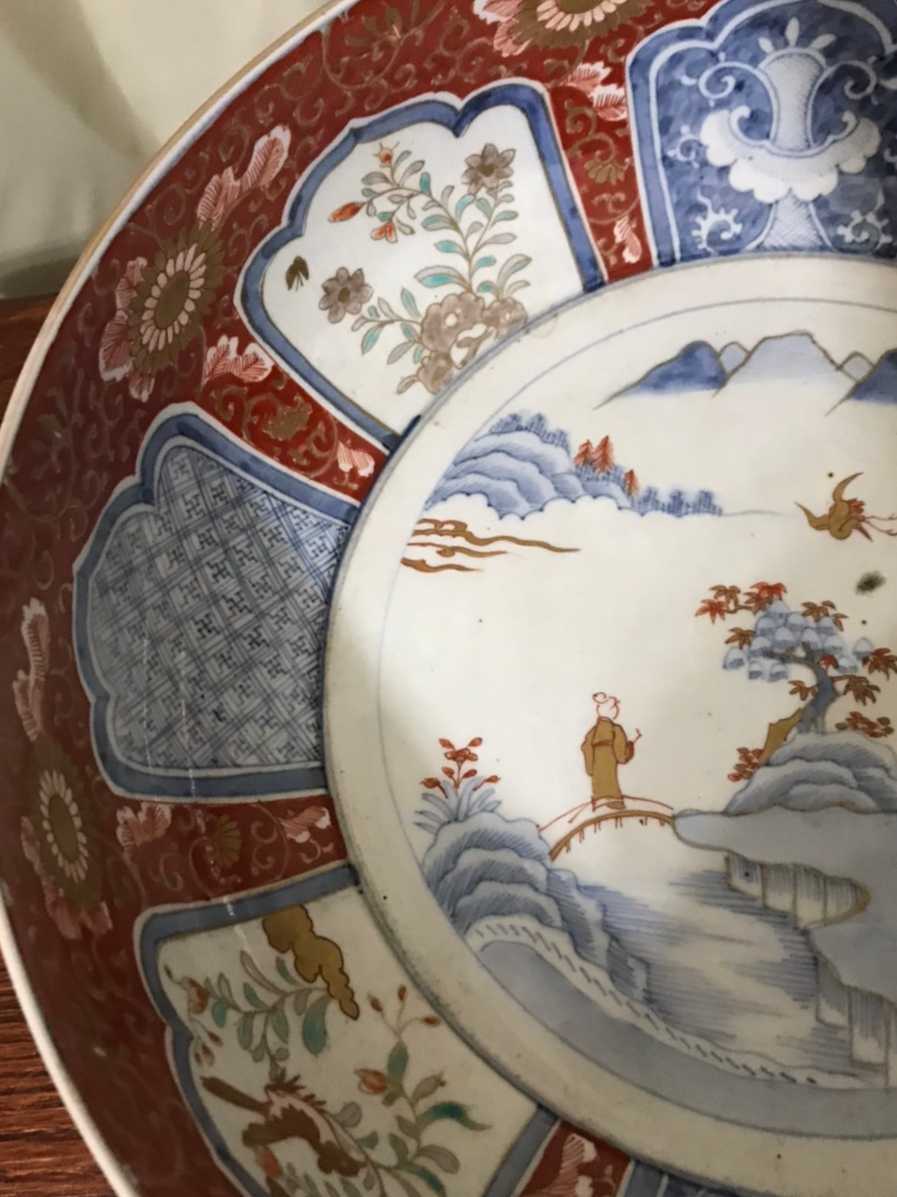 【陶磁器】伊万里焼赤絵大鉢 山水文 芙蓉手 花鳥文 骨董品 アンティーク_画像5