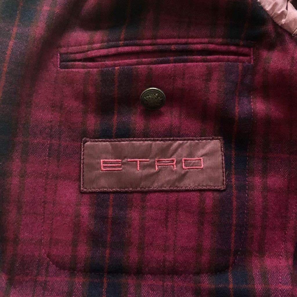 【美品】【極上】ETRO エトロ テーラードジャケット カシミヤ100%【size50】チェック 赤 ワインレッド コート 正規品 102-11897-9544 伊製_画像5