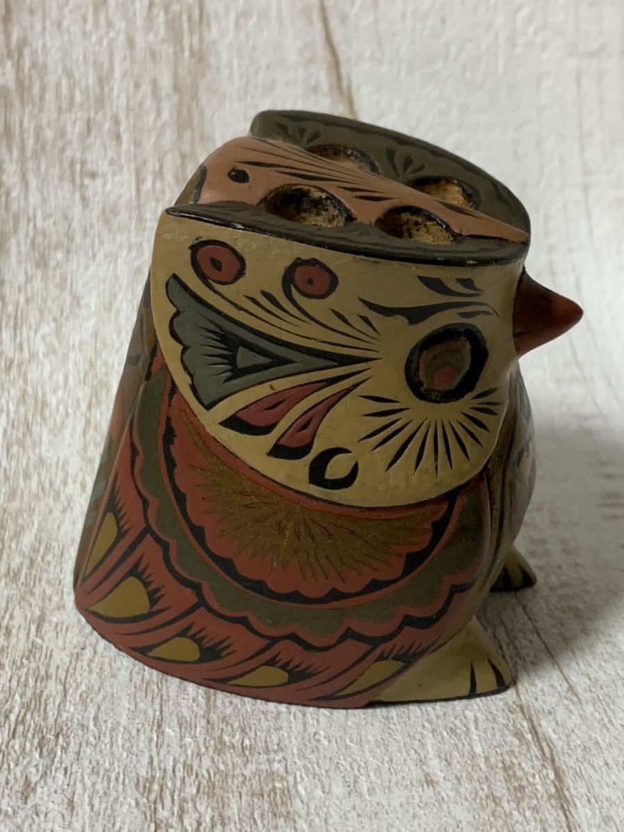 コロンビア 民芸品 木製 フクロウ 置物 ペンスタンド インテリア