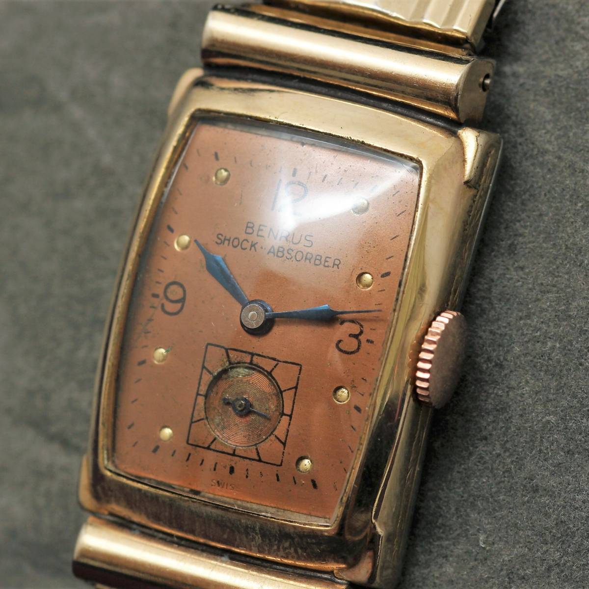 ☆BENRUS 10金 RGP スクエア アールデコ ファンシー エクステンションベルト スモセコ 手巻き 時計 腕時計 ヴィンテージ 動作品 スイス製