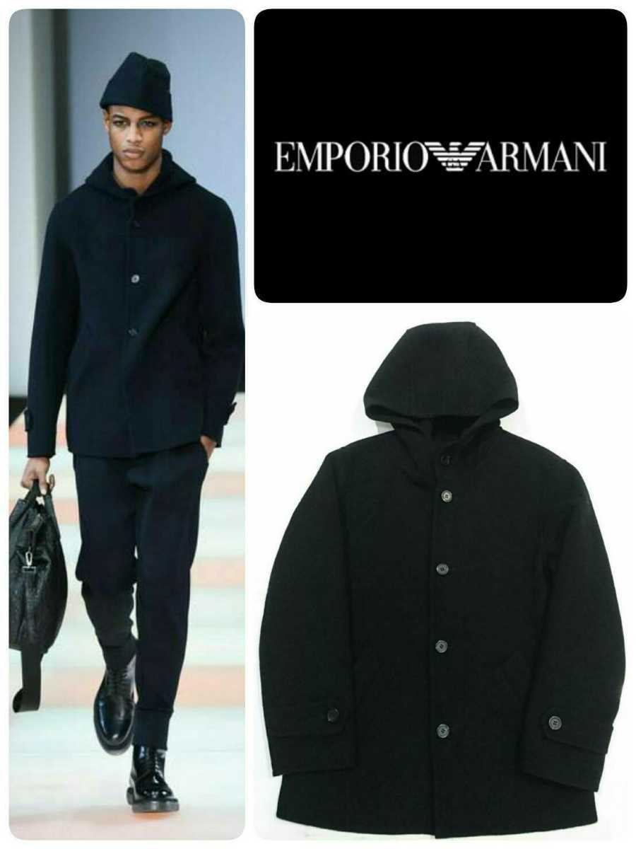 即完売 15AW EMPORIO ARMANI エンポリオアルマーニ 黒ラベルタグ 最高級ラムウールフーデッドショートコート 44 極美品 ジョルジオ EA7_画像1