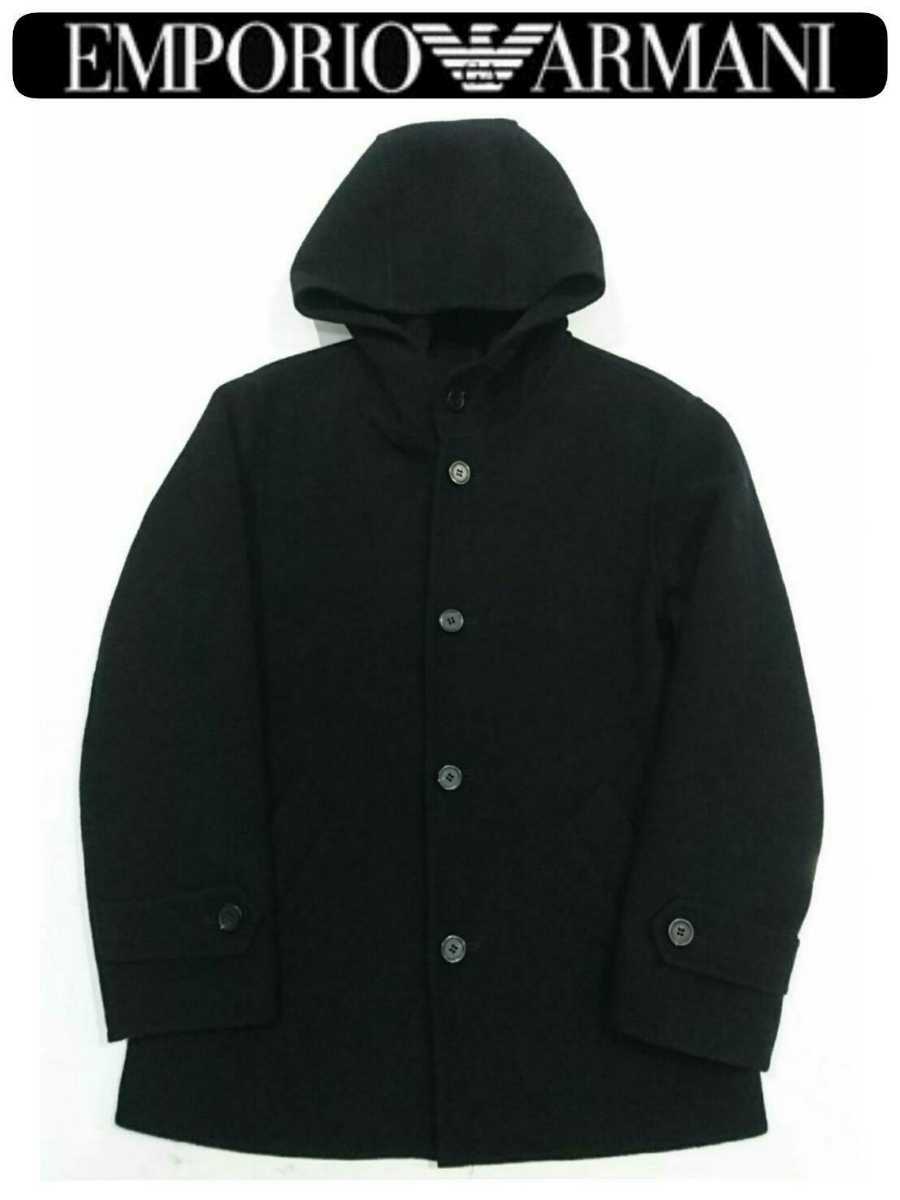 即完売 15AW EMPORIO ARMANI エンポリオアルマーニ 黒ラベルタグ 最高級ラムウールフーデッドショートコート 44 極美品 ジョルジオ EA7_画像2