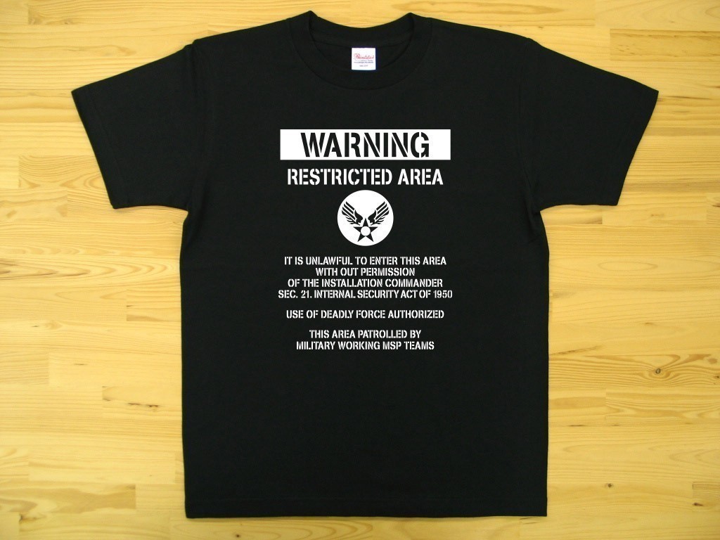 RESTRICTED AREA 黒 5.6oz 半袖Tシャツ 白 M ミリタリー U.S. AIR FORCE ステンシル_黒（白色プリント）