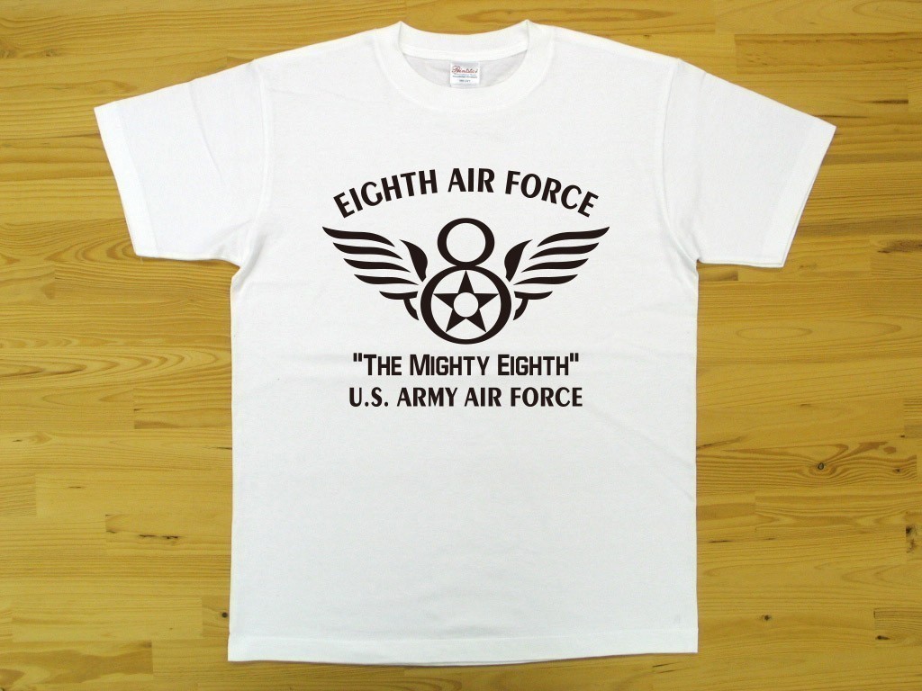 8th AIR FORCE 白 5.6oz 半袖Tシャツ 黒 M ミリタリー U.S. ARMY AIR FORCE the mighty eighth_白（黒色プリント）