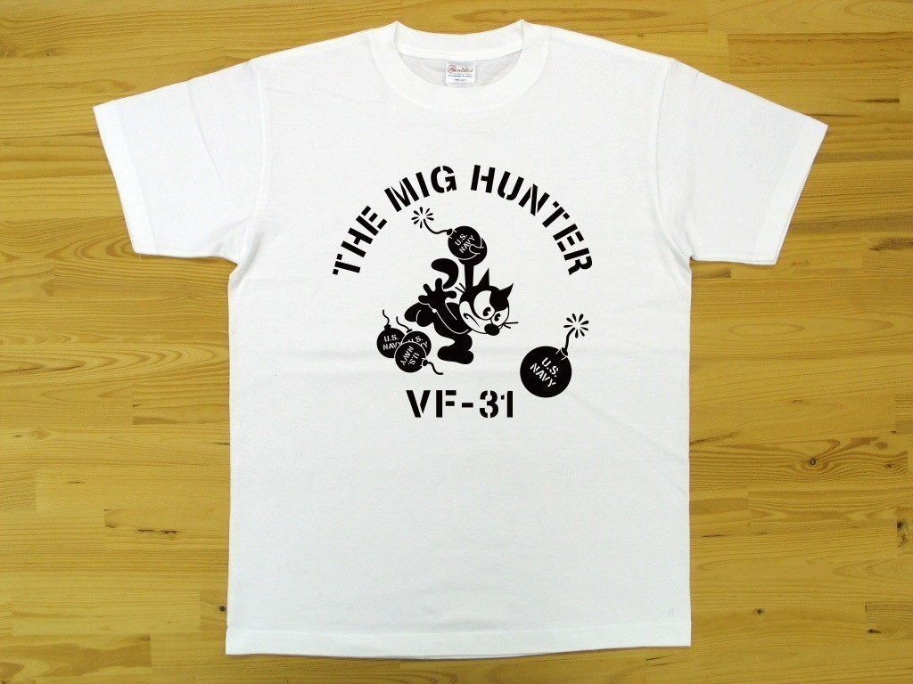THE MIG HUNTER 白 5.6oz 半袖Tシャツ 黒 S ミリタリー トムキャット VFA-31 U.S. NAVY VF-31_白（黒色プリント）