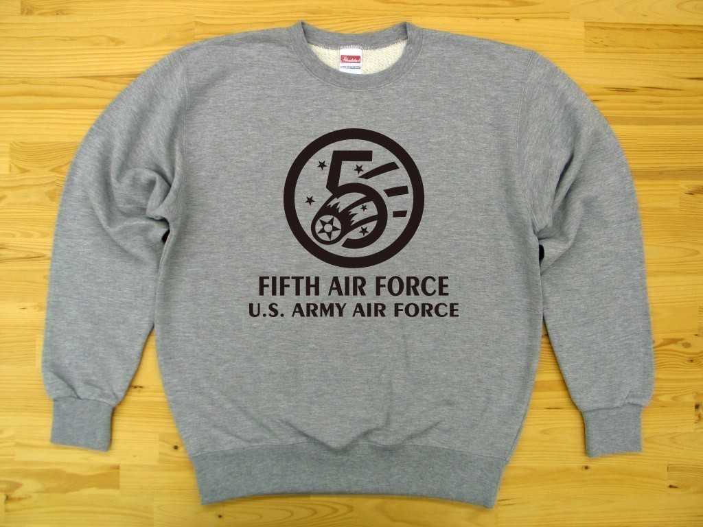 5th AIR FORCE 杢グレー 9.7oz トレーナー 黒 M スウェット U.S. ARMY AIR FORCE FIFTH_杢グレー（黒色プリント）