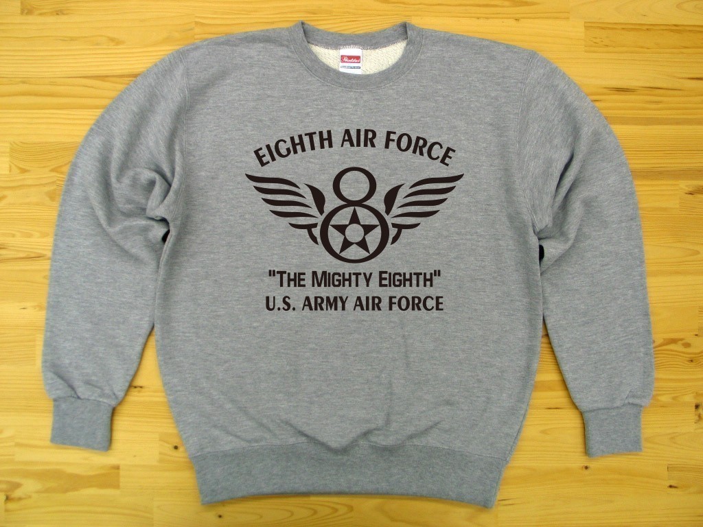 8th AIR FORCE 杢グレー 9.7oz トレーナー 黒 L スウェット U.S. ARMY AIR FORCE the mighty eighth_杢グレー（黒色プリント）