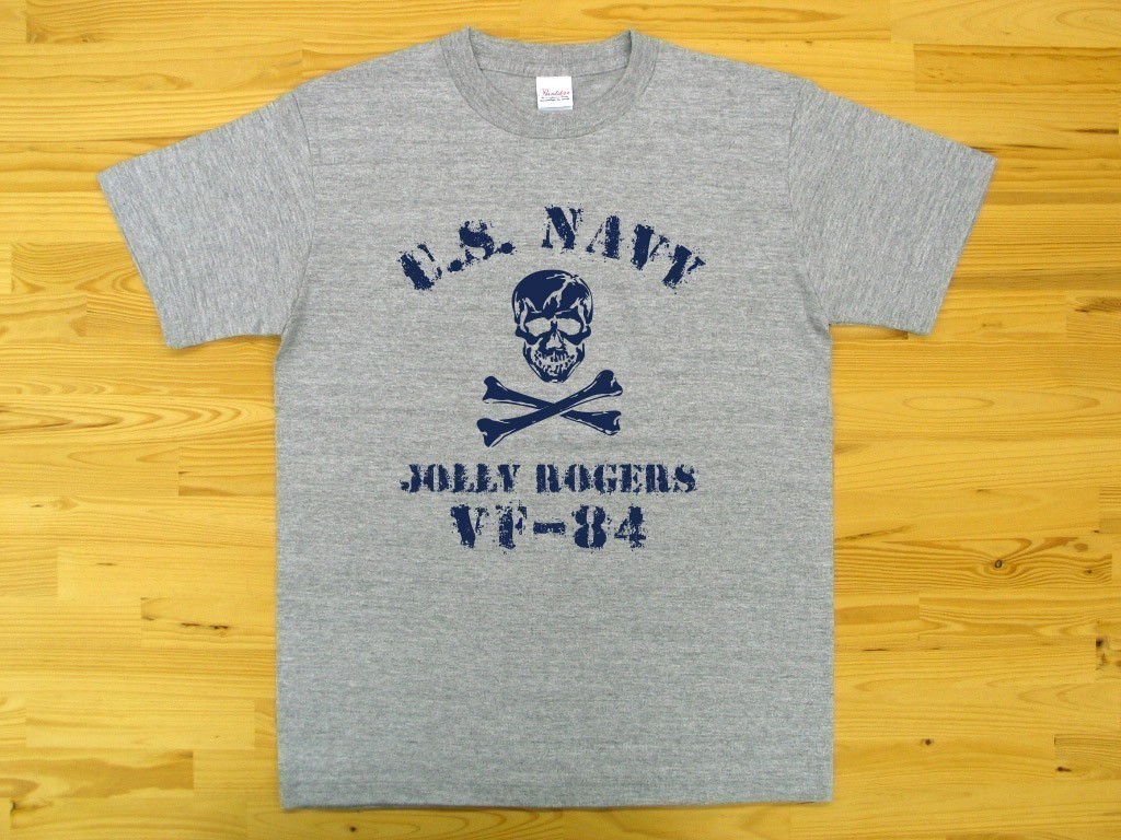 JOLLY ROGERS VF-84 杢グレー 5.6oz 半袖Tシャツ 紺 M ミリタリー ジョリーロジャース スカル ドクロ U.S. NAVY_杢グレー（紺色プリント）