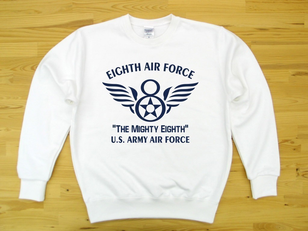 8th AIR FORCE 白 9.7oz トレーナー 紺 XL スウェット U.S. ARMY AIR FORCE the mighty eighth_白（紺色プリント）