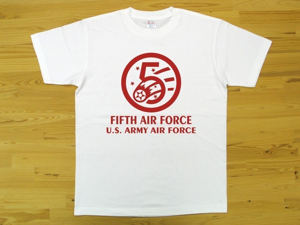 5th AIR FORCE 白 5.6oz 半袖Tシャツ 赤 L ミリタリー U.S. ARMY AIR FORCE FIFTH_白（赤色プリント）