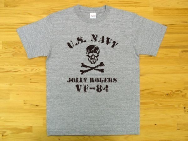 JOLLY ROGERS VF-84 杢グレー 5.6oz 半袖Tシャツ 黒 XXL 大きいサイズ ミリタリー ジョリーロジャース スカル ドクロ U.S. NAVY_杢グレー（黒色プリント）