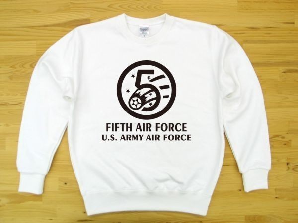 5th AIR FORCE 白 9.7oz トレーナー 黒 2XL 大きいサイズ スウェット U.S. ARMY AIR FORCE FIFTH_白（黒色プリント）