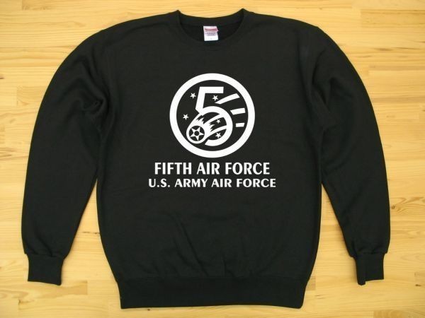 5th AIR FORCE 黒 9.7oz トレーナー 白 2XL 大きいサイズ スウェット U.S. ARMY AIR FORCE FIFTH_黒（白色プリント）
