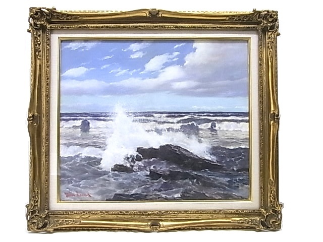 e4650 真作保証 油彩 風景画 原徳太郎 「山陰の海」 F10号 額縁