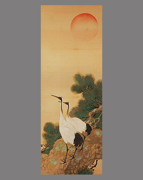 真作】□村上鳳湖□老松雙鶴之図大幅□共箱□肉筆□掛軸□掛け軸□日本