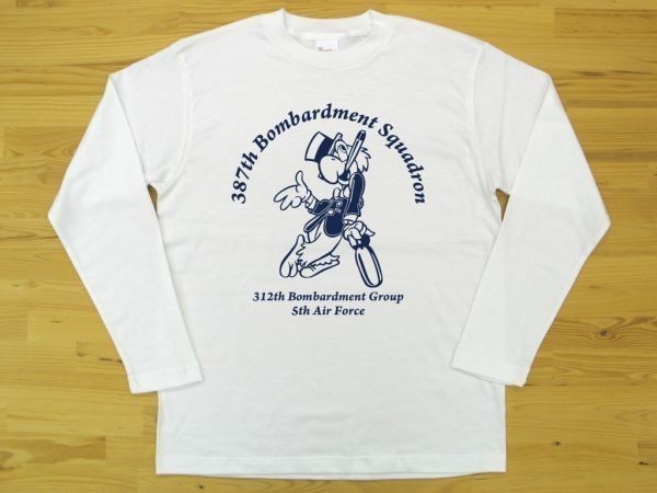 387th Bombardment Squadron 白 5.6oz 長袖Tシャツ 紺 2XL 大きいサイズ ミリタリー 5th air force 312th bomb group オウム_白（紺色プリント）