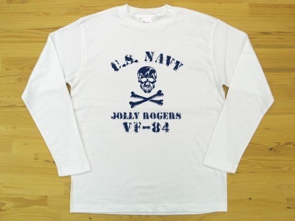 JOLLY ROGERS VF-84 白 5.6oz 長袖Tシャツ 紺 3XL 大きいサイズ ミリタリー ジョリーロジャース スカル ドクロ U.S. NAVY_白（紺色プリント）