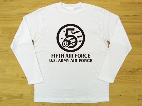 5th AIR FORCE 白 5.6oz 長袖Tシャツ 黒 2XL 大きいサイズ ミリタリー U.S. ARMY AIR FORCE FIFTH_白（黒色プリント）