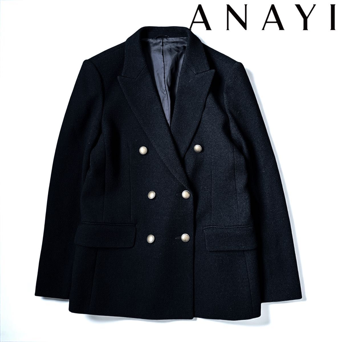 極美品 ANAYI ウールツイルダブル ジャケット 金ボタン ブラック 38 ANAYI アナイ ダブルジャケット 金ボタン ウール100% 日本製 極美品