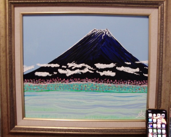 ≪国美協≫TOMOYUKI・友之、『藍色の富士山』、油彩画、F8号：45,5cm×37,9cm、油絵一点物、新品高級油彩額付、直筆サイン・真作保証付_画像2